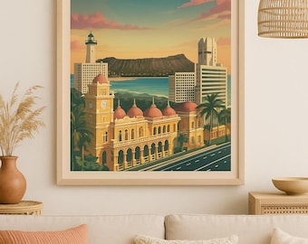 Vintage Hawaii-reisposter – Retro Honolulu muurkunstdruk – decor tropisch landschap halverwege de eeuw