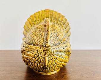 1970s Ceramic Turkey Covered Candy Dish, Hand Painted Thanksgiving Cookie Jar, Vintage Harvest Snack Bowl, Vintage Fall Table Decor