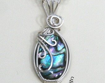 OOAK Paua Shell Cabochon Pendant Necklace Silver Wire Wrapped