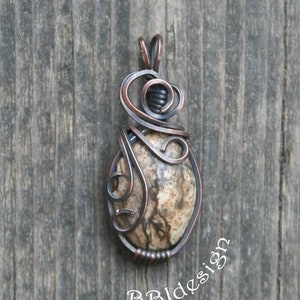 Picture Jasper Gemstone Cabochon Oval Pendant Necklace Antiqued Copper Wire Wrapped Small