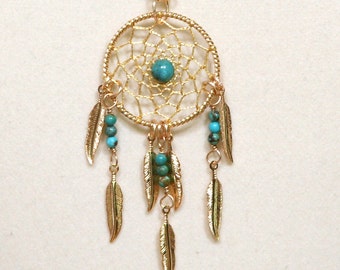 Dream Catcher Turquoise & Gold Dreamcatcher Necklace with Feathers