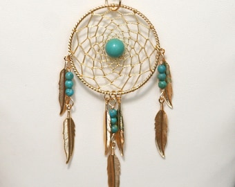 Dream Catcher Turquoise & Gold Dreamcatcher Necklace with Feathers large