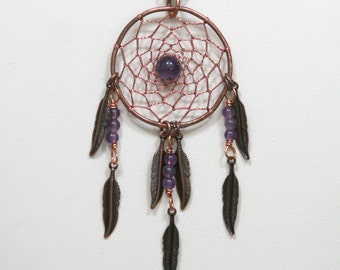 Dream Catcher Necklace Amethyst & Copper Dreamcatcher with Feathers