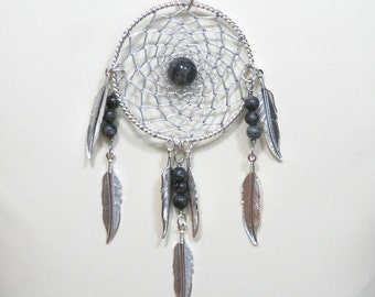 Dream Catcher Blue Labradorite & Silver Dreamcatcher Necklace with Feathers large