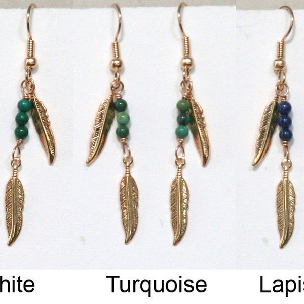 Gold Feather and Gemstones Earrings, Amber, Garnet, Amethyst, Tiger's Eye, Malachite, Turquoise, Lapis, Agate, Jasper, Pearl, coral, silver