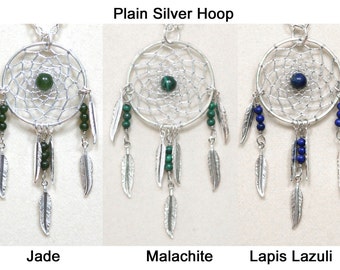 Dreamcatcher Necklace Jade, Malachite, Lapis Lazuli & Silver Dream Catcher with Feathers