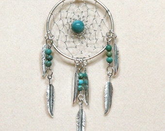 Dream Catcher Silver & Gemstone Dreamcatcher Necklace with Feathers Turquoise, Malachite, Lapis Lazuli, Jasper, Amethyst, Agate