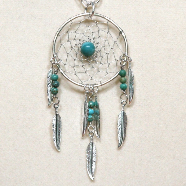 Dream Catcher Silver & Gemstone Dreamcatcher Necklace with Feathers Turquoise, Malachite, Lapis Lazuli, Jasper, Amethyst, Agate