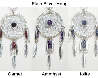 Dreamcatcher Necklace Iolite, Amethyst, Garnet & Silver Dream Catcher with Feathers