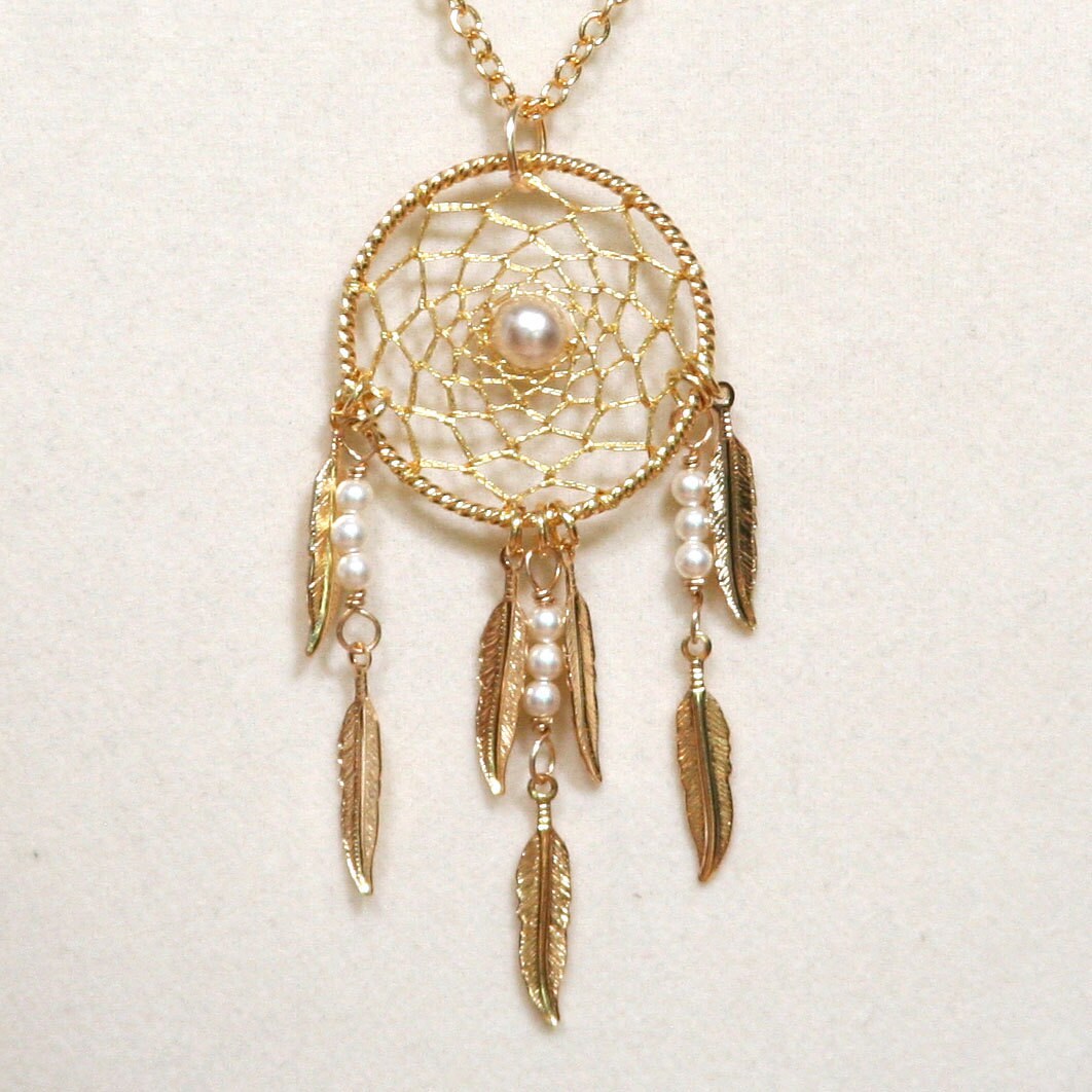 Dream Catcher Pearl & Gold Dreamcatcher Necklace With Feathers Etsy