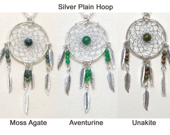 Dreamcatcher Necklace Moss Agate, Aventurine, Unakite & Silver Dream Catcher with Feathers