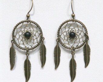 Antiqued Brass Dreamcatcher Earrings with feathers, gemstone, turquoise, malachite, unakite, obsidian, lapis