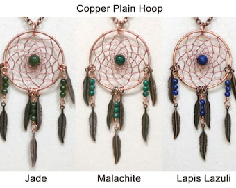 Dream Catcher Lapis Lazuli, Malachite, Jade & Copper Dreamcatcher Necklace with Feathers