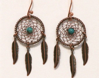 Dream Catcher Copper and Gemstone Dreamcatcher earrings with Feathers Jasper, Turquoise, Malachite, Lapis Lazuli, Unakite, Goldstone