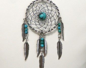 Dream Catcher Turquoise & Antiqued Silver Dreamcatcher Necklace with Feathers large