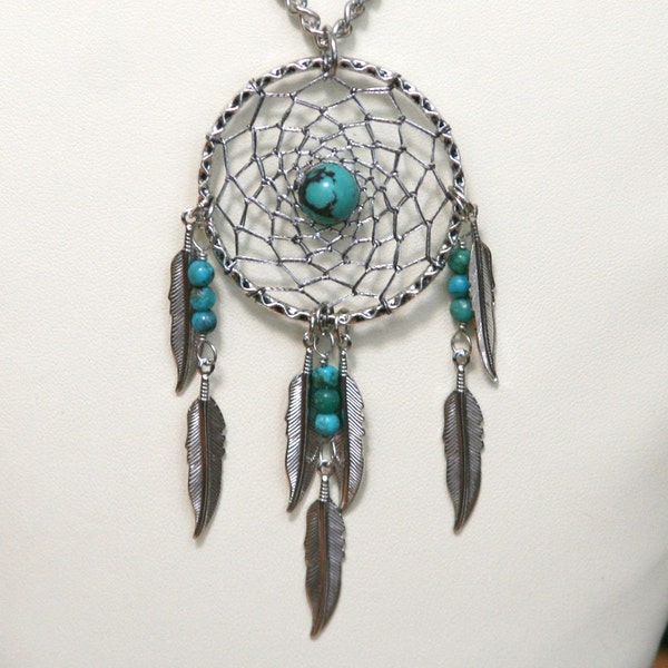 Dream Catcher Turquoise & Antiqued Silver Dreamcatcher Necklace with Feathers large