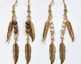 Gold Feather and Gemstone Earrings, jasper, agate, tigereye, turquoise, lapis, pietersite, garnet, malachite, pearl (large)