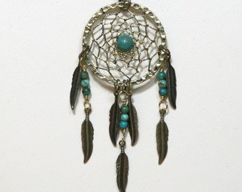 Dream Catcher Antique Brass & Gemstone Dreamcatcher Necklace with Feathers Turquoise, Malachite, Lapis Lazuli, Jasper, Amethyst, Agate