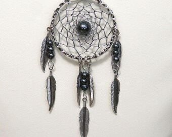 Dream Catcher Hematite & Fancy Antiqued Silver Dreamcatcher Necklace with Feathers large