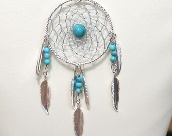 Dream Catcher Turquoise & Silver Dreamcatcher Necklace with Feathers large