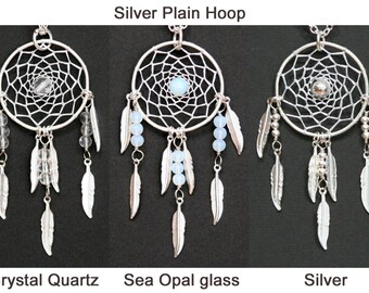 Dream Catcher Crystal Quartz, Sea Opal, Silver Dreamcatcher Necklace with Feathers