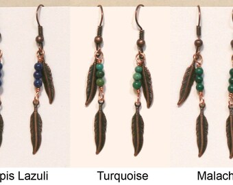 Copper Feather and Gemstone Earrings, Malachite, Turquoise, Lapis Lazuli, Jasper, Goldstone, Unakite