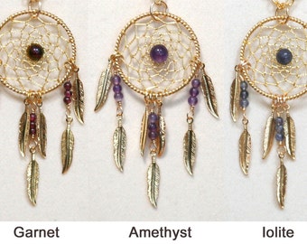 Dreamcatcher Necklace Garnet, Amethyst, Iolite & Gold Dream Catcher with Feathers