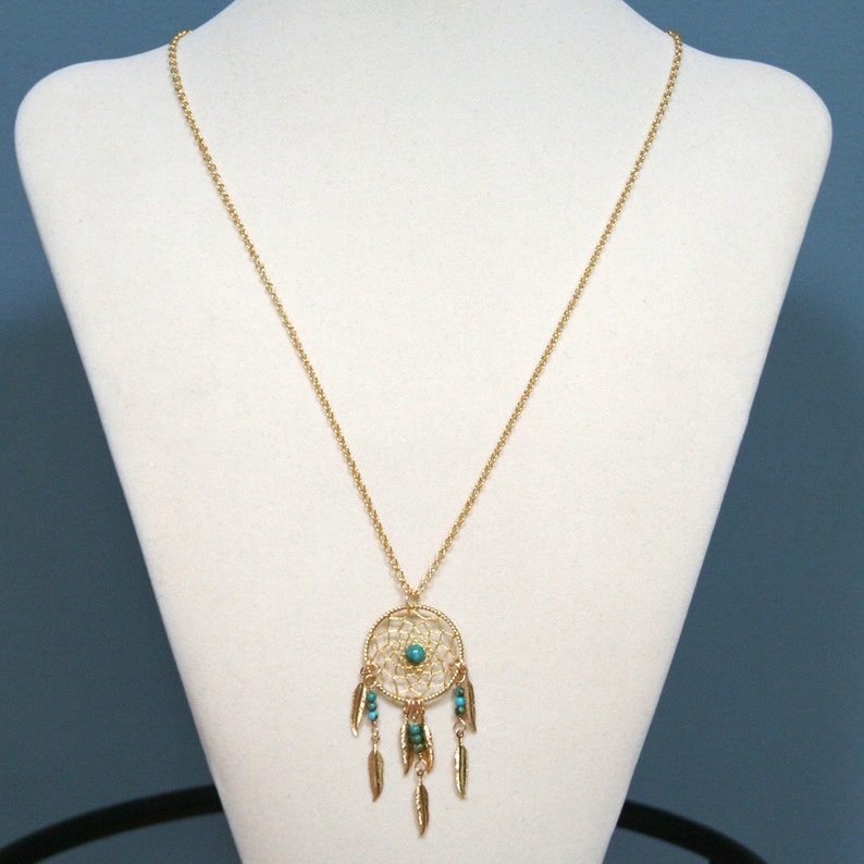 Dream Catcher Turquoise & Gold Dreamcatcher Necklace With Feathers Etsy