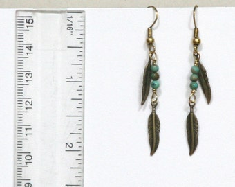 Gemstone and Antique Brass Feather Earrings