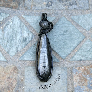 Orthoceras Fossil Gemstone Cabochon Pendant Necklace Black Wire Wrapped Labradorite Teardrop OOAK