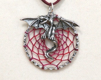 Dream Catcher Antiqued Silver Dragon Wyvern Dreamcatcher Necklace Variegated