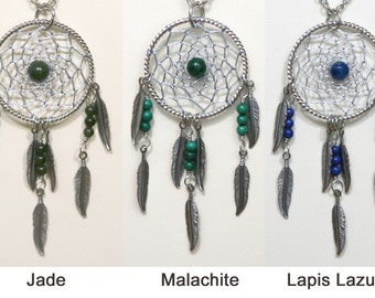 Dream Catcher Jade, Malachite, Lapis Lazuli & Steel Dreamcatcher Necklace with Feathers
