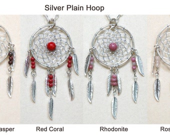 Dream Catcher Brecciated Jasper, Red Coral, Rhodonite, Rose Quartz & Silver Dreamcatcher Necklace with Feathers