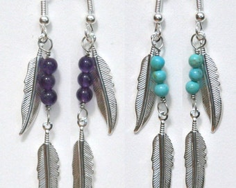 Large Silver Feather and Gemstone Earrings, agate, jasper, lapis, malachite, turquoise, pietersite, coral, goldstone, hematite, amethyst