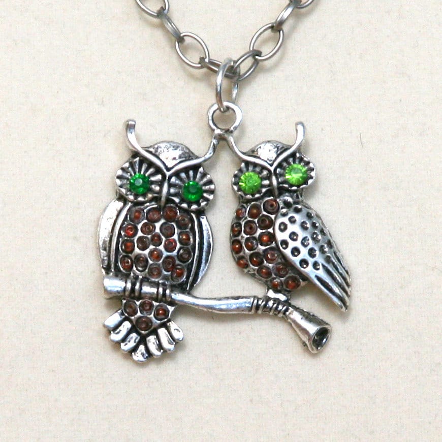 Green Eyed Owls antique silver necklace