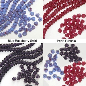 Czech pressed glass baby bell flower 4x6mm beads blue raspberry, fuchsia, tanzanite 50 pieces