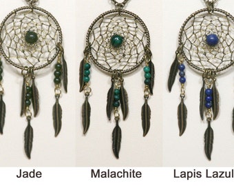 Dreamcatcher Necklace Jade, Malachite, Lapis Lazuli & Antiqued Brass Dream Catcher with Feathers