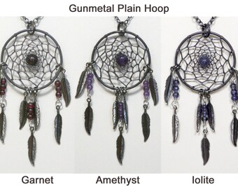 Dream Catcher Amethyst, Garnet, Iolite & Gunmetal Dreamcatcher Necklace with Feathers