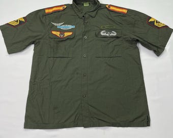 Vintage Military Style Aviator Shirt 3XL Green Pilot Wings Patches Army