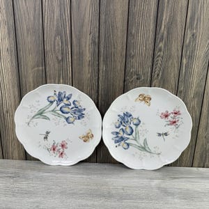 May include: Two white ceramic plates with scalloped edges, each featuring a botanical illustration of blue iris flowers, small pink blossoms, a butterfly, and a dragonfly. The designs are arranged asymmetrically on the surface of each round plate.