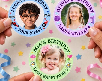 Personalized Birthday Stickers, Custom Photo Stickers with Name and Age, Birthday Cup Stickers, Kids Party Favor Labels