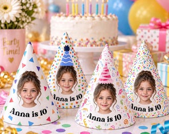 Personalized Photo Birthday Party Hats, Custom Face Party Hat, Name and Age Cone Hats, Kids Birthday Decor, Custom Party Favors