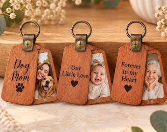 Personalized Wooden Photo Keychain, Laser Engraved Keychain, Custom Picture Keyring, Mom Dad Couple Pet Memorial Gift