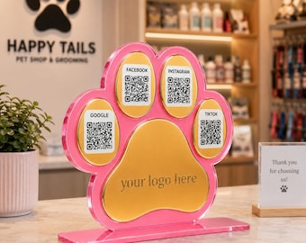 Custom Paw Print QR Code Sign, Dog Groomer Review Sign, Pet Business Social Media Display, Acrylic Counter Stand, Pet Shop Decor