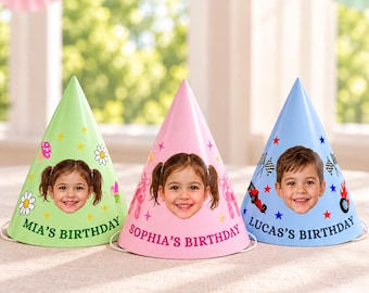 Personalized Photo Birthday Party Hats, Custom Face Hats for Kids, Themed Birthday Party Favors, Dinosaur, Unicorn & Mermaid