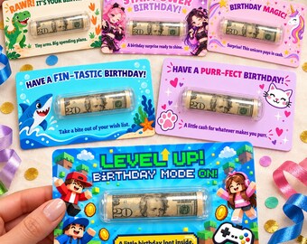 Kids Birthday Money Holder Card with Clear Plastic Dome, Fun Cash Gift for Boys and Girls, Gamer, Dinosaur, Unicorn and More, 10 Designs