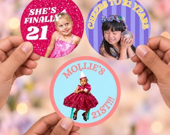 Custom Birthday Photo Stickers, Personalized Birthday Stickers, Photo Party Labels, Custom Age Stickers, Birthday Favor Stickers