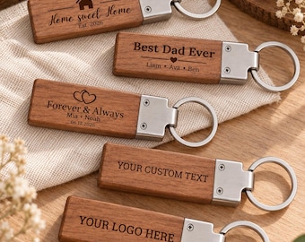 Personalized Wooden Keychain, Custom Laser Engraved Keychain, Wood Key Ring, Custom Logo Keychain, Dad Gift, Couple Gift, Housewarming Gift