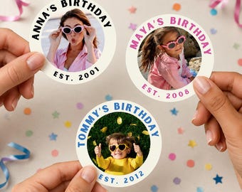 Pegatinas personalizadas para cumpleaños con fotos, pegatinas impermeables, recuerdos de fiesta personalizados, pegatinas personalizadas