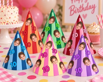 Personalized Photo Birthday Party Hats, Custom Face Party Hat, Age Birthday Hat, Striped Party Hats, Kids Adult Birthday Decor